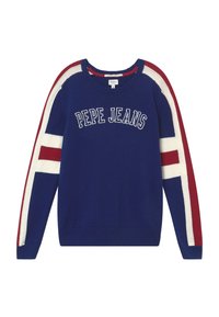 Niebieski sweter z dzianiny z białymi akcentami i czerwonymi paskami na rękawach. Posiada logo "PEPE JEANS" w białym kolorze nad dekoltem. Okrągły kołnierz.