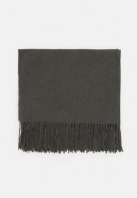 Mørkegrå uldscarf med frynser i kanterne, rektangulær form, blød tekstur og uden synlige mønstre eller detaljer.