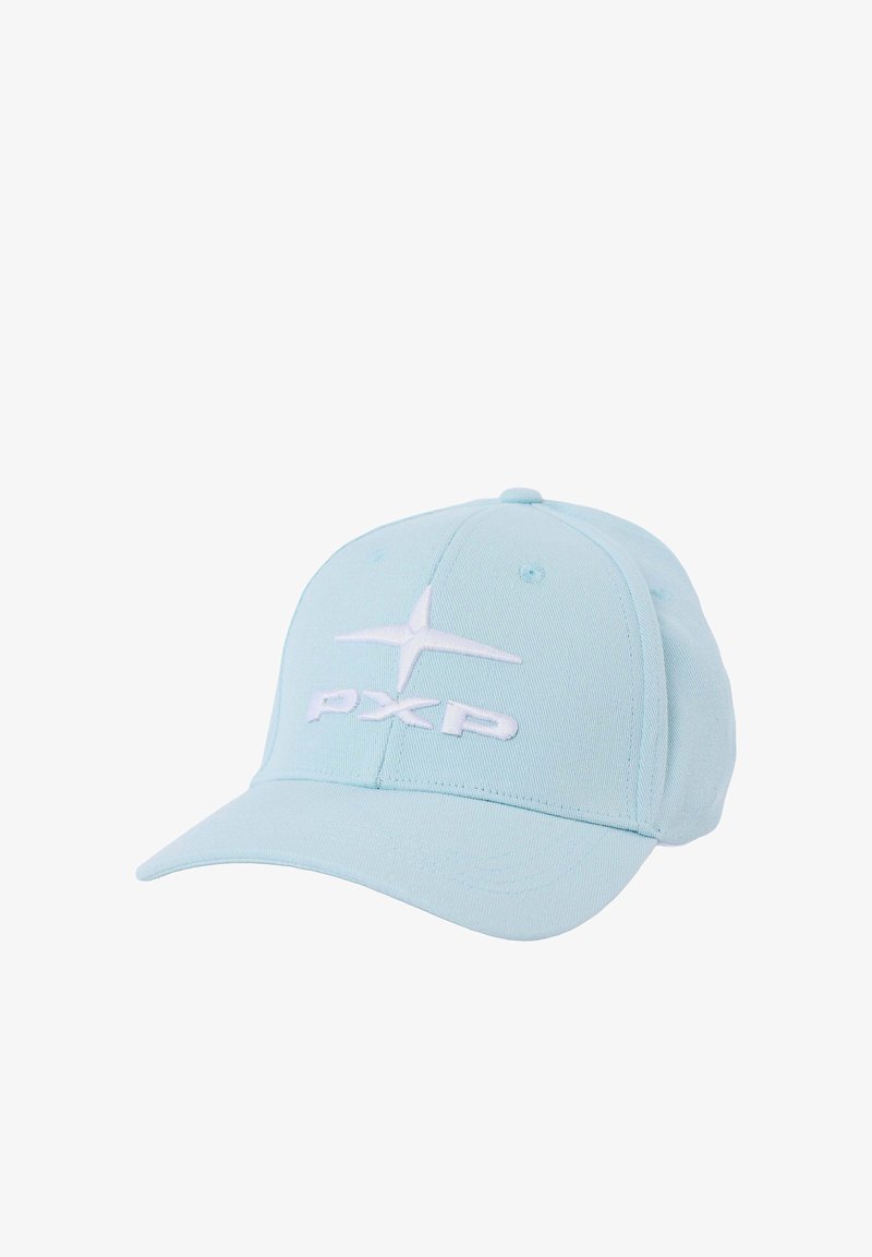 Casquette de baseball bleu clair avec un logo étoile blanc et "PXP" brodé à l'avant, visière incurvée et trous de ventilation cousus.