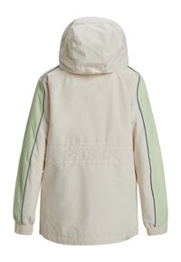Lys beige jakke med hætte, med pastelfarvede grønne ærmer, blå piping og "roxy" logo broderet på ryggen. Glat tekstur, afslappet design.