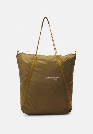 Borsa a tracolla in nylon di colore verde oliva, resistente, con superficie testurizzata, dotata di chiusura zip, dettagli gialli a contrasto e manici intrecciati.