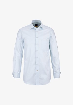 Hellblaues Herrenhemd mit langen Ärmeln und dünnen weißen Streifen, durchgehend mit Knöpfen, Brusttasche und Kentkragen.