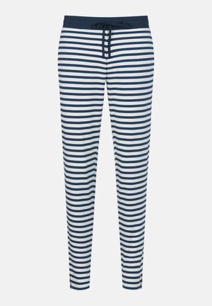 Gestreepte joggerbroeken in marineblauw en wit, met een trekkoord in de taille, zijsplitten aan de onderkant en een zachte, ademende stof.