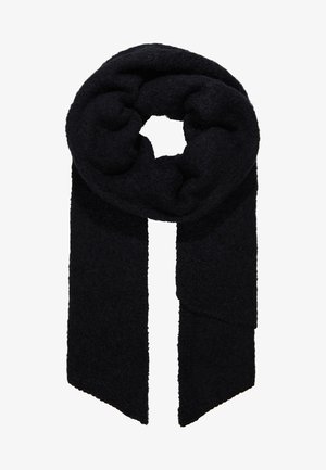 Sciarpa nera realizzata in un tessuto morbido e texture. Presenta un design a loop con due estremità lunghe e un aspetto caldo e voluminoso.