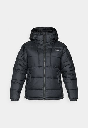 Doudoune noire avec capuche, dotée d'une fermeture éclair, d'un cordon de serrage et de deux poches avant. Design matelassé avec une texture lisse.