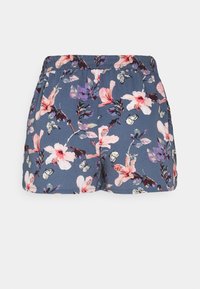 Pantalones cortos florales con una cintura elástica, con un fondo azul y patrones de flores en tonos rosa y púrpura, con pequeños detalles de mariposas.