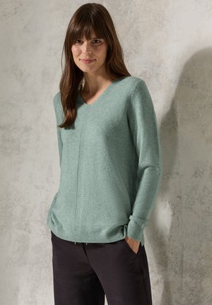 Maglione a V verde menta chiaro in morbido tessuto, con polsini e orlo a costine, presenta una cucitura centrale sul davanti. Indossato sopra pantaloni scuri.