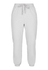 Lysegrå sweatpants lavet af blødt tekstureret stof, med en elastisk talje og snøre samt elastiske manchetter ved anklerne.