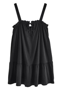 Črna bombažna obleka z nabranim izrezom, nastavljivimi naramnicami in večplastnim dizajnom. Gladek tekstura, sproščen kroj in dolžina nad koleni.