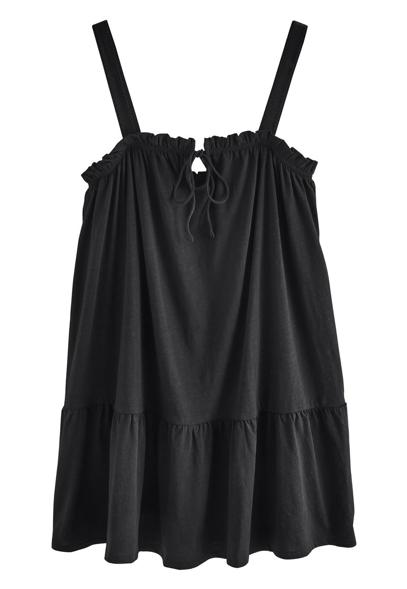 Črna bombažna obleka z nabranim izrezom, nastavljivimi naramnicami in večplastnim dizajnom. Gladek tekstura, sproščen kroj in dolžina nad koleni.