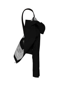 Zwarte waterdichte jas met een grijze binnenkant, voorzien van een ritszak, verstelbare capuchon en lange mouwen. Glad textuur, modern ontwerp.