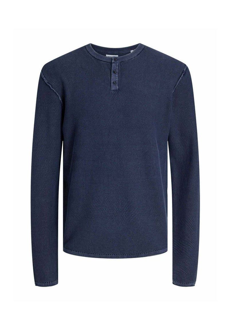 Top a maniche lunghe blu navy con un design texturizzato a nido d'ape, colletto tondo e patta con tre bottoni. Presenta accenti di cucitura in contrasto.