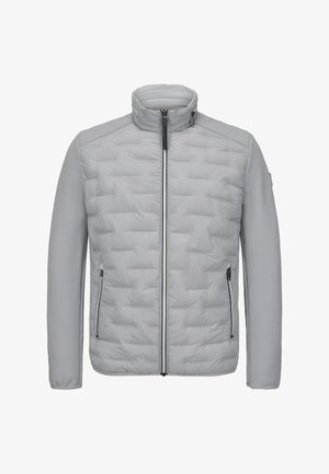 Hellgraue gesteppte Herrenjacke mit gepolstertem Vorderteil, glatt strukturierten Ärmeln, Reißverschluss vorne und Reißverschlusstaschen sowie Stehkragen.