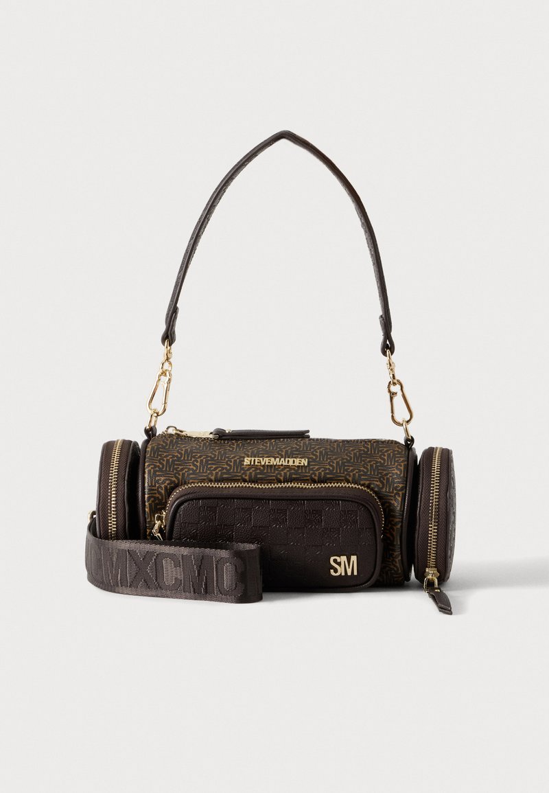 Petit sac à main rectangulaire marron de créateur avec plusieurs compartiments zippés et bandoulières et poignées amovibles.