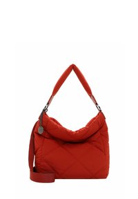 Quilted red shoulder bag with a soft top handle, detachable strap, silver hardware, and a textured pattern of diamond stitching.