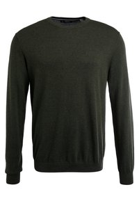 Zelený svetr s kulatým výstřihem vyrobený z jemné pleteniny. Dlouhé rukávy a žebrované manžety a spodní lem. Minimalistický design s nenápadným logem na hrudi.