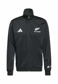 Black zip-up jacket made of smooth synthetic material. Features a high collar, white logo, and accents on the shoulders.