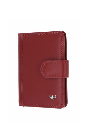 Compact red leather wallet with stitched edges, flap closure, and small metallic logo on the bottom right corner.