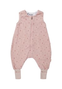 Rosa Musselin-Jumpsuit mit ärmellosem Design, Frontreißverschluss, gerippten Bündchen und kleinem Druck aus verstreuten Fischen und Sternen in Rot und Blau.