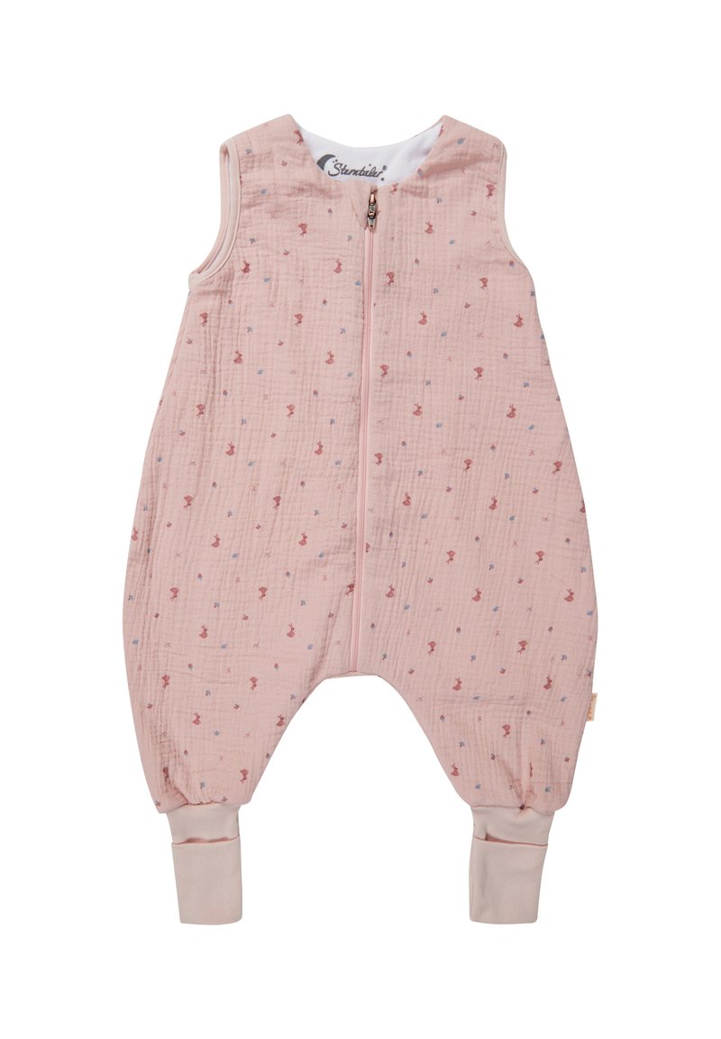 Rosa Musselin-Jumpsuit mit ärmellosem Design, Frontreißverschluss, gerippten Bündchen und kleinem Druck aus verstreuten Fischen und Sternen in Rot und Blau.