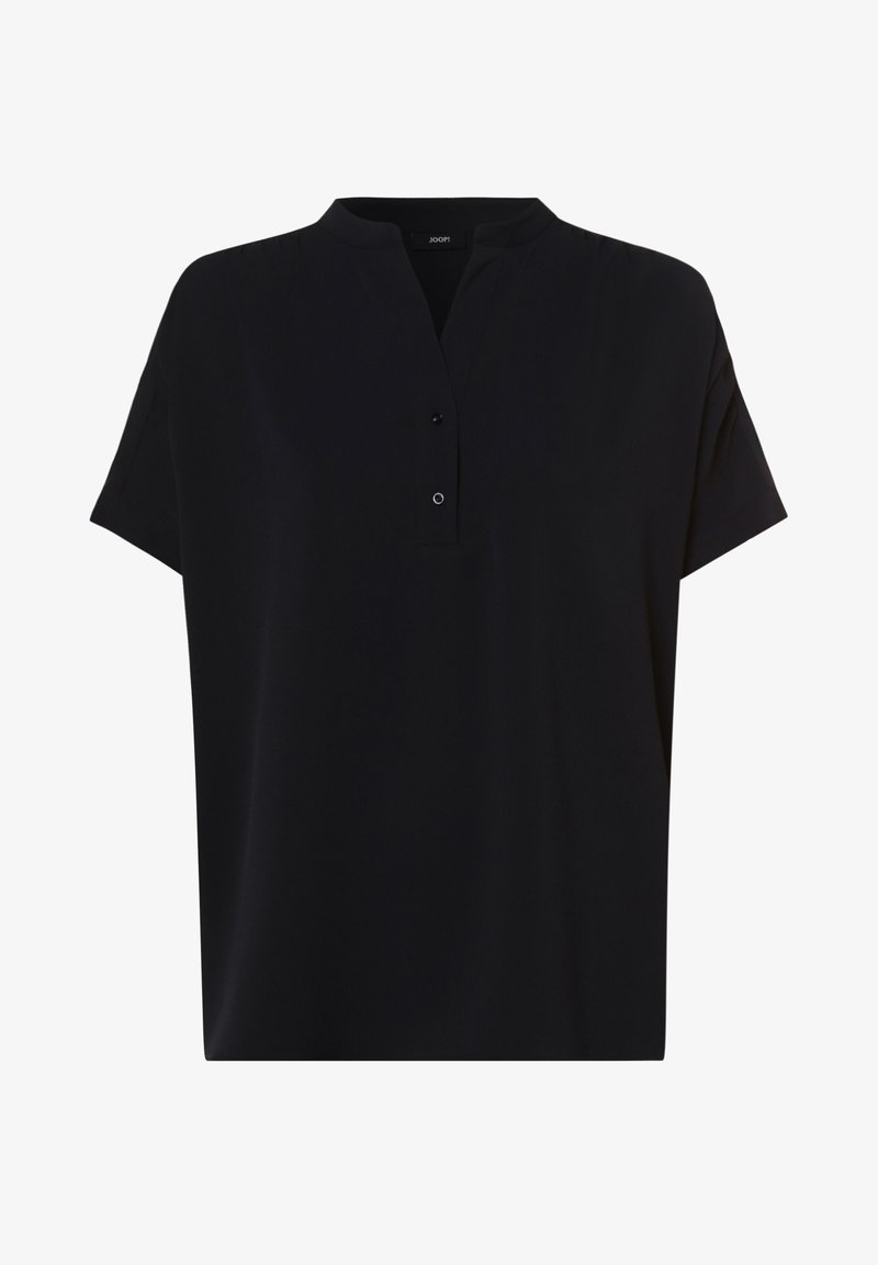 Blouse noire à manches courtes avec col mandarin et deux boutons sur une patte de boutonnage partielle à l'avant, coupe ample.