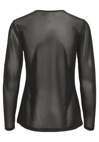 Haut noir à manches longues en tissu transparent avec une texture lisse. Encolure ronde, design simple et coupe ajustée sans détails supplémentaires.