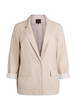 Beżowa marynarka na jeden guzik z wyciętymi klapami, podwiniętymi rękawami do trzy czwarte długości oraz kieszeniami z patkami, oznaczona jako Zizzi rozmiar 46.