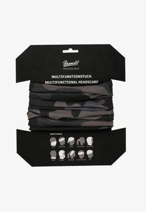 Többfunkciós fejkendő fekete és szürke katonai mintával. Puha, rugalmas anyag, amely több viselési lehetőséget mutat be a csomagoláson.