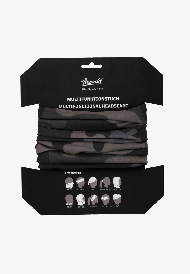 Fular multifuncțional în model de camuflaj negru și gri. Material moale, elastic, cu opțiuni multiple de purtare prezentate pe ambalaj.