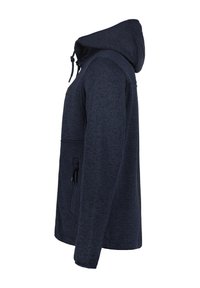 Mörkblå huva-jacka med textilstruktur, dragkedja i sidoficka och snörstängning. Har en strukturerad form och åtsittande ärmar.