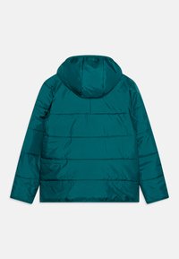 Tīrāmzila pūdera jaka ar kapuci, kurai ir horizontāli kvadrāti, gluda spīdīga apdare un elastīgas aproces pie piedurknēm.