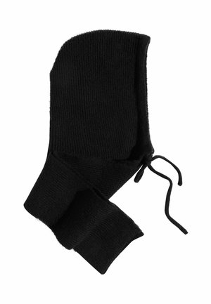 Schwarze gestrickte Balaclava mit glatter Textur, verlängertem Schnitt und verstellbaren Bändern am Hals. Verfügt über ein geripptes Design für zusätzliche Wärme.