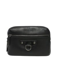 Pochette nera in pelle compatta con una tasca frontale con cerniera, un dettaglio in metallo sotto la cerniera e cuciture visibili sui bordi.