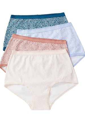 Quatre culottes taille haute pour femme en bleu, bleu clair, rose et crème avec de petits motifs de feuilles blanches, disposées en chevauchement sur un fond blanc.
