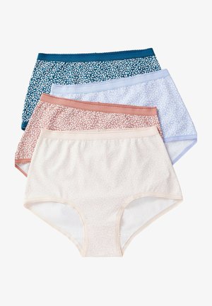 Cuatro braguitas de talle alto para mujer en azul, azul claro, rosa y crema con pequeños patrones blancos de hojas, dispuestas superpuestas sobre un fondo blanco.