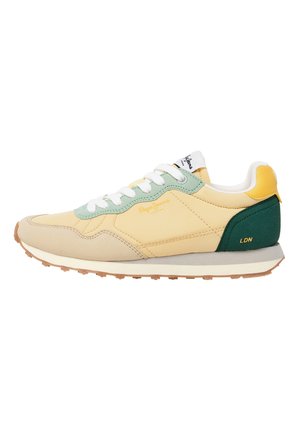 Sneakers leggeri con un design giallo e verde, con una tomaia in suede e sintetico, lacci bianchi e suola in gomma testurizzata.