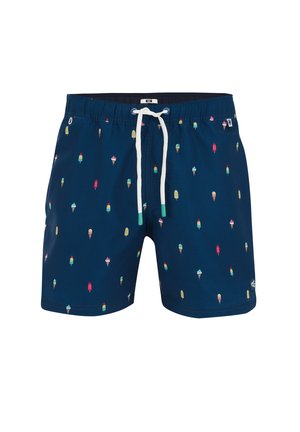 Tumesinine ujumispüksid valge nööriga, millel on värviliste jäätisekoonuste muster. Valmistatud kergetest kangast.