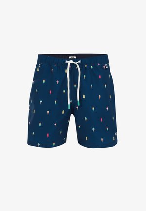 Jūras zils peldkostīms ar baltu auklu, dekorēts ar krāsainu saldējuma konusveida rakstu. Izgatavots no viegla auduma.