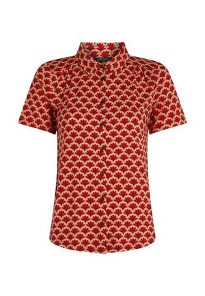 Rotes Kurzarmhemd mit floralem Muster in Rot- und Grüntönen. Mit einem kragenlosen Ausschnitt und einer Knopfleiste auf der Vorderseite gestaltet.