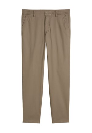 Beige rechte broek met elastische tailleband, riemlussen, ritssluiting aan de voorkant en zijzakken, weergegeven op een witte achtergrond.