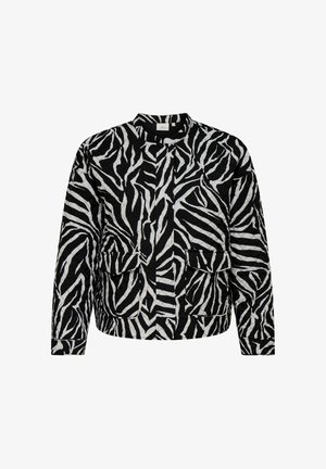 Fekete-fehér steppelt dzseki zebramintával, gallérral, két elülső zsebbel és laza fazonnal.