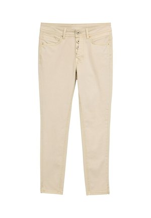 Beige pamut skinny farmernadrág öt gombos záródással, elülső zsebekkel és diszkrét varrási részletekkel. Simább textúra és testhezálló dizájn.