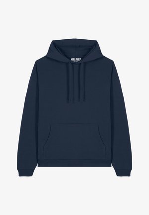 Námornícky modrá mikina s kapucňou vyrobená z bavlneného zloženia, obsahuje predné vrecko, kapucňu so šnúrkou a rebrované manžety a lem. Jednoduchý, nezdobený dizajn.