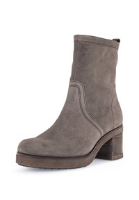 Gray suede ankle boot with a rounded toe, stitched detailing, and a block heel. Heel height is moderate for stability.