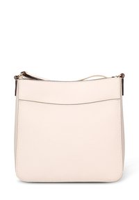 Borsa a tracolla in pelle beige chiaro con finitura testurizzata, forma rettangolare, design minimalista e tracolla sottile.