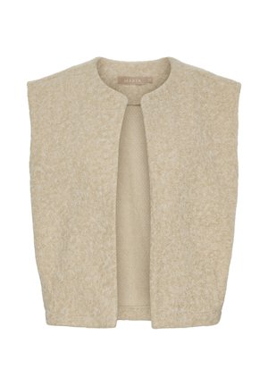 Beige ærmeløs vest lavet af tekstureret stof med rund halsudskæring og åben front. Har en blød, fuzzy overflade og indvendig foring.