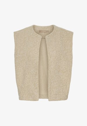 Beige ærmeløs vest lavet af tekstureret stof med rund halsudskæring og åben front. Har en blød, fuzzy overflade og indvendig foring.