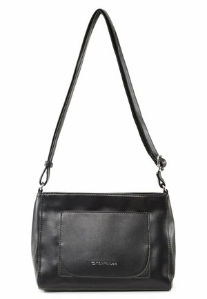 Zwarte leren schoudertas met een rechthoekige vorm, enkele verstelbare riem, voorvak en metalen accenten.