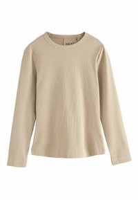 Long-sleeve beige top made from ribbed fabric. Features a round neckline and a relaxed fit. Smooth texture with no patterns or accents.