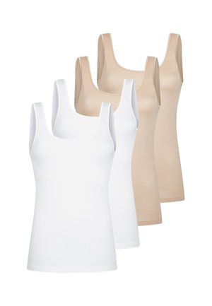 Two white and two beige sleeveless tank tops arranged in alternating colors on a white background.